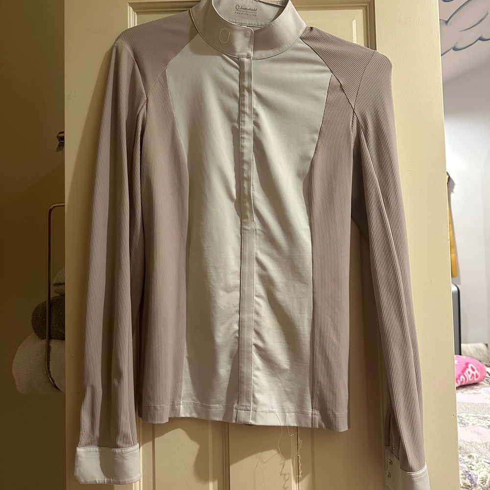 White and Pink Samshield Show Shirt with sparkles on sleeves and collar